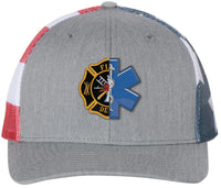 FireMedic Embroidered Hat Firefighter Paramedic Symbols Star of Life with Florian Cross On Richardson 112 Trucker Hat