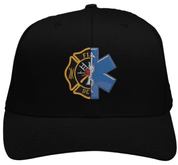 FireMedic Embroidered Hat Firefighter Paramedic Symbols Star of Life with Florian Cross On Richardson 112 Trucker Hat