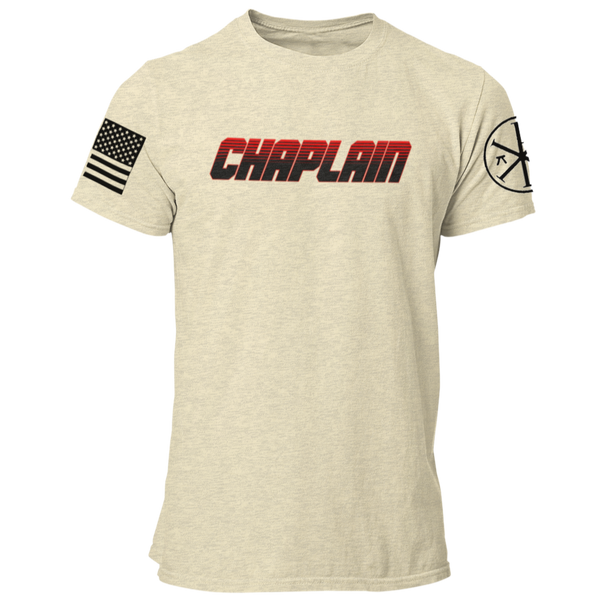 Fire Dept Chaplain T Shirt with Advancing US Flag and Chi Rho on Sleeves - Pooky Noodles