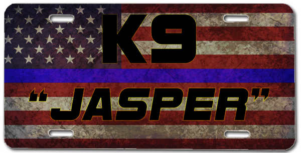Custom K9 License Plate Personalized with Police Dog Name on Thin Blue Line Flag - Cold Dinner Club