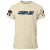 Police Chaplain T Shirt with Advancing US Flag and Chi Rho on Sleeves - Pooky Noodles