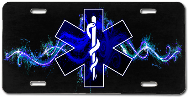 EMS Star of Life License Plate with Blue Electric Fireworks Design - Cold Dinner Club