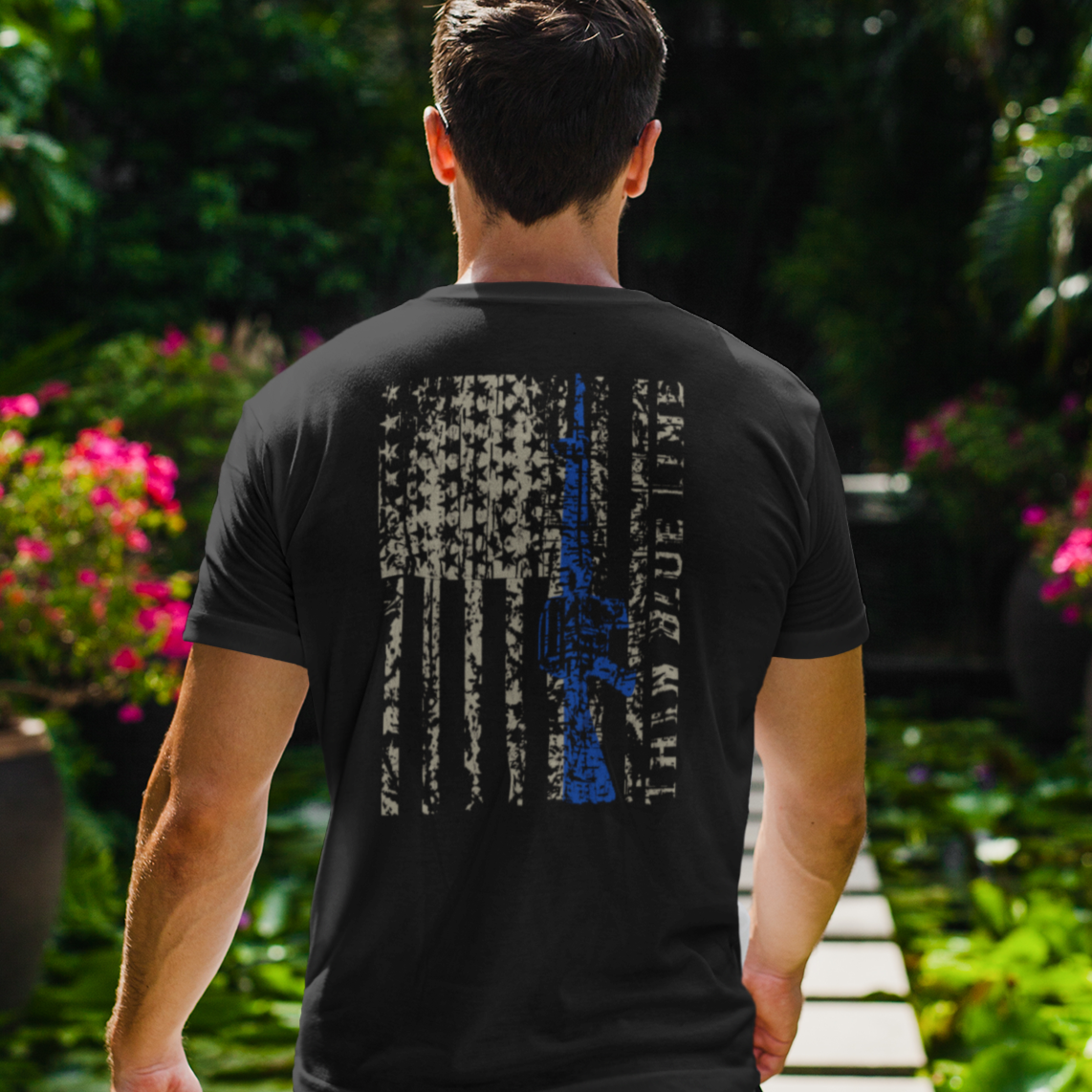 Distressed Thin Blue AR Line Flag Unisex Crew Neck T Shirt