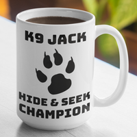 Personalized K9 Hide & Seek Champion Large 15 Ounce Coffee Mug - Cold Dinner Club